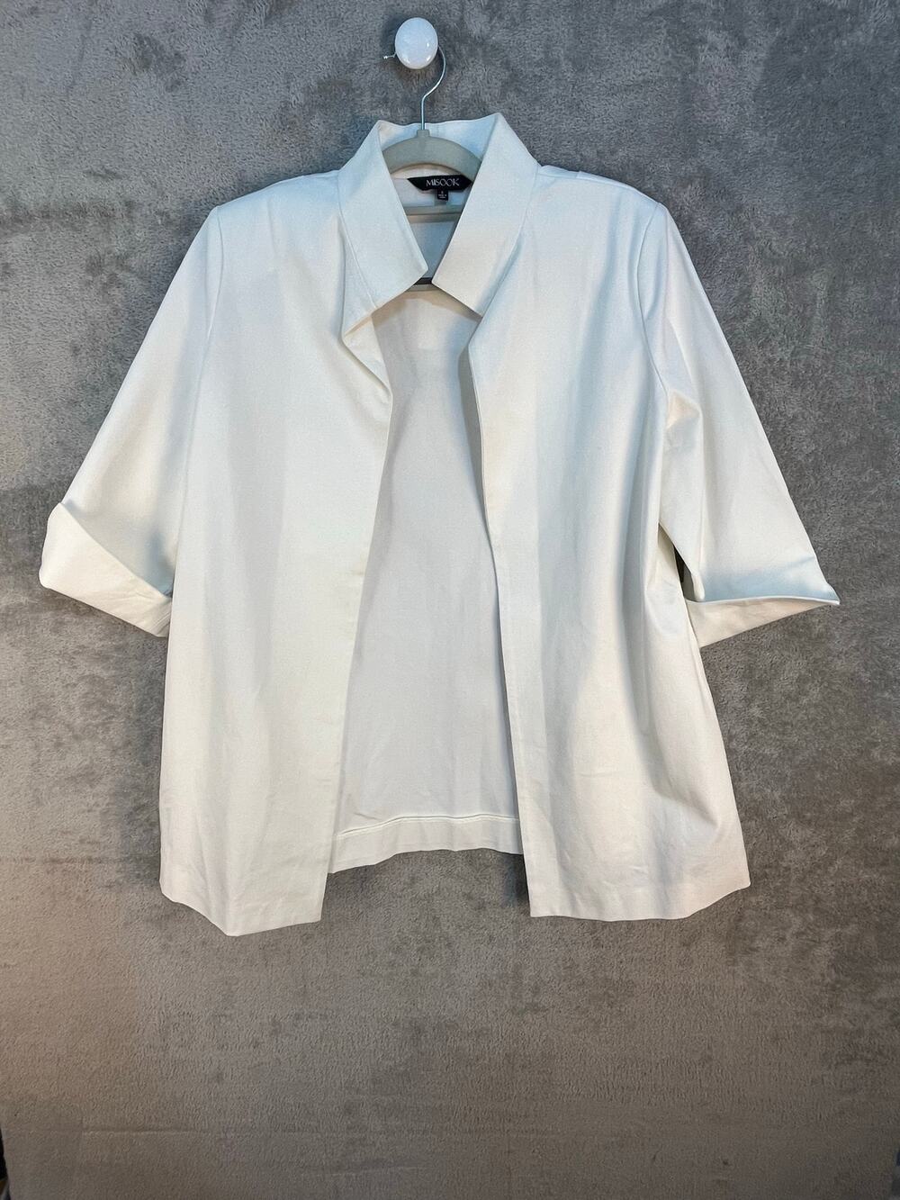 Misook Jacket Small White Open Front 3/4 Sleeve Preppy Minimalist Flaw NWT